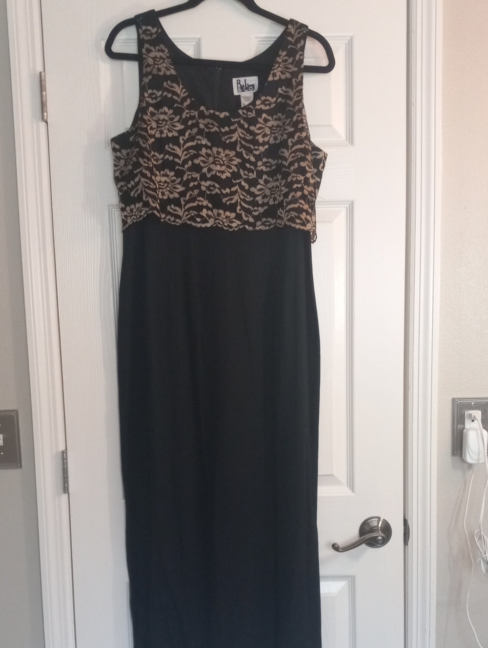 R.J. & Co Sleeveless Black Dress with Gold Lace Bodice Size 14